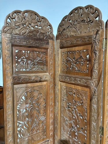Antique Hand Crafted Walnut Four Folded Cashmere Screen