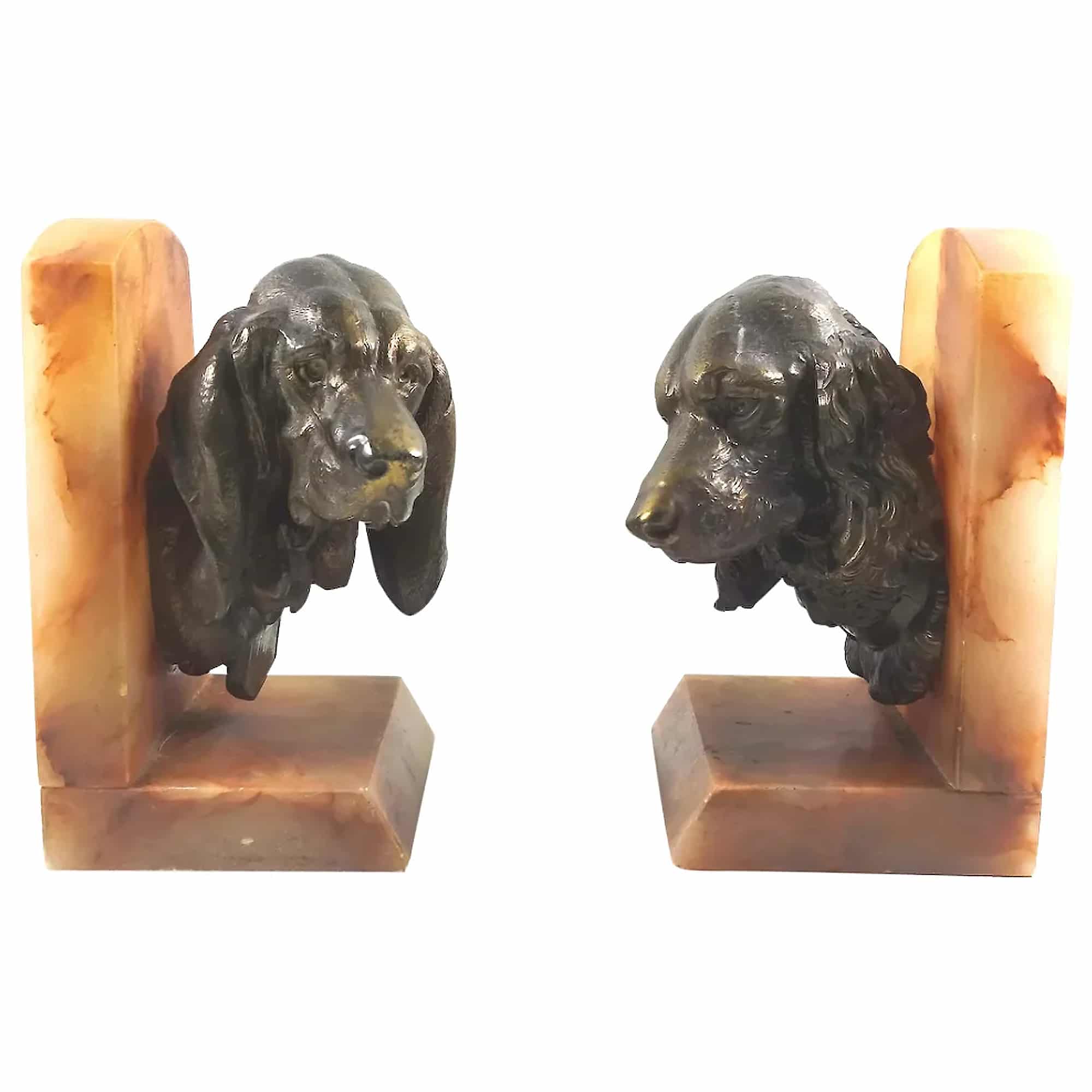 A good & very substantial pair antique spelter & onyx Spaniel Dogs Bookends C.1920