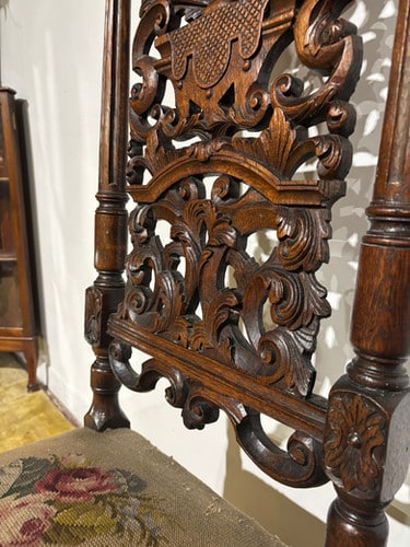 Carolean Carved Oak High Back Chair