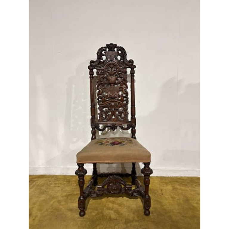 Carolean Carved Oak High Back Chair