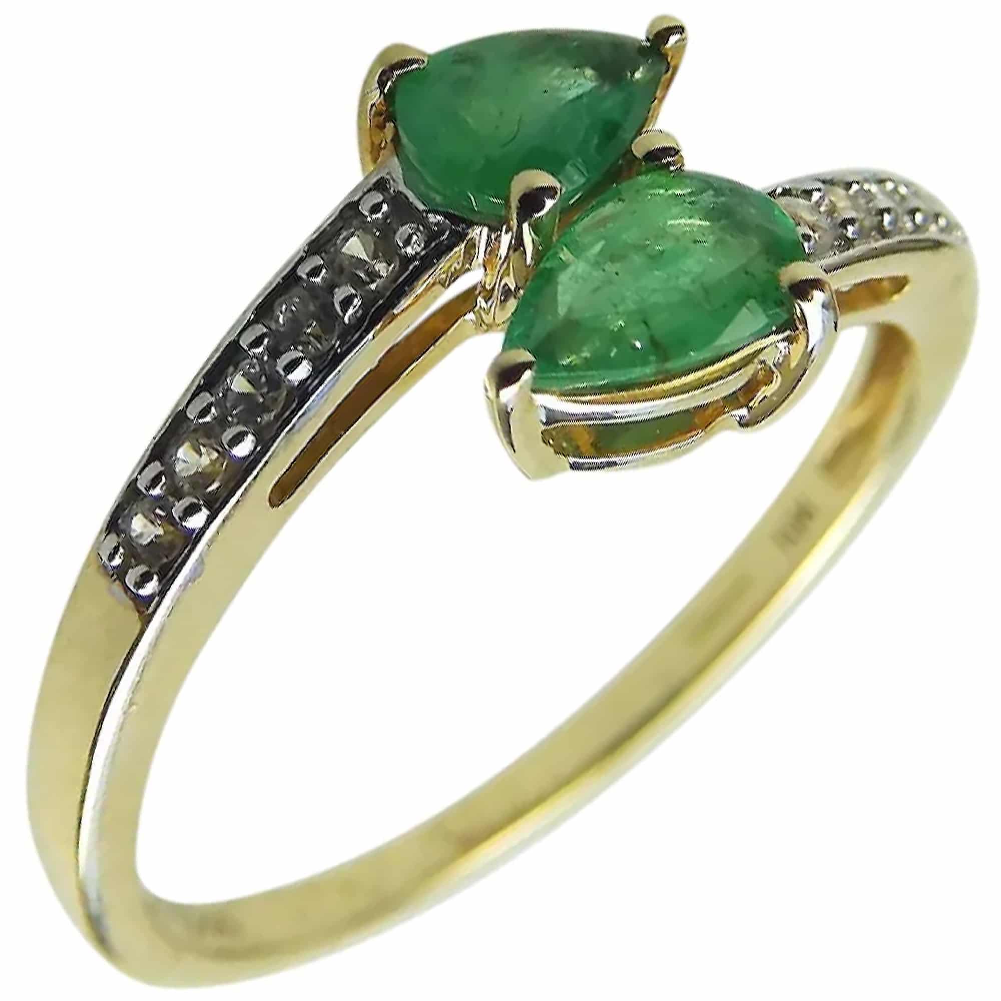 A Fine vintage 10ct gold, emerald & white topaz Crossover Ring Boxed 20thC
