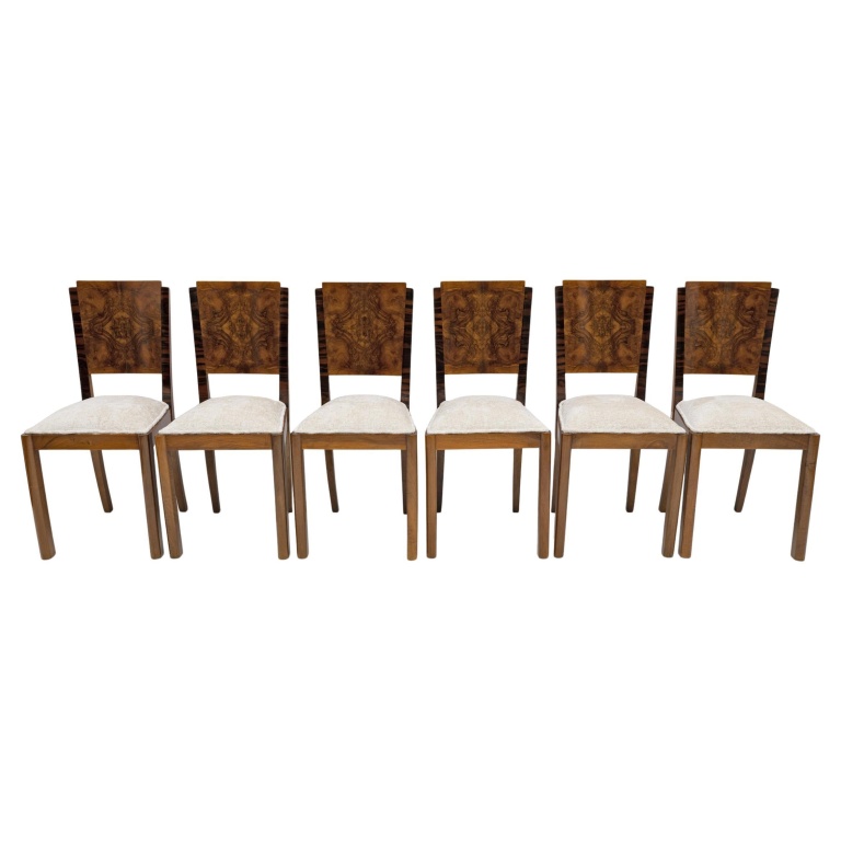 Six Art Dèco Italian Walnut Dining Chairs, 1940s
