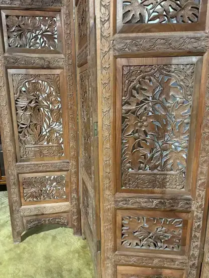 Antique Hand Crafted Walnut Four Folded Cashmere Screen - Image 14