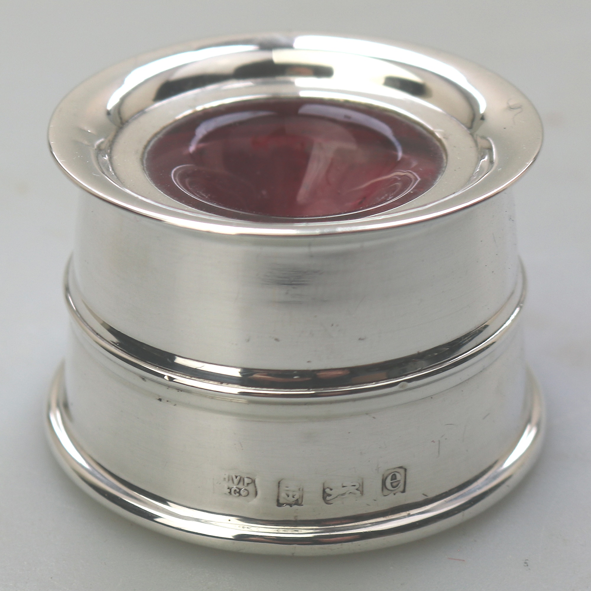 An attractive & good antique English solid silver & cranberry Inkwell C.1904