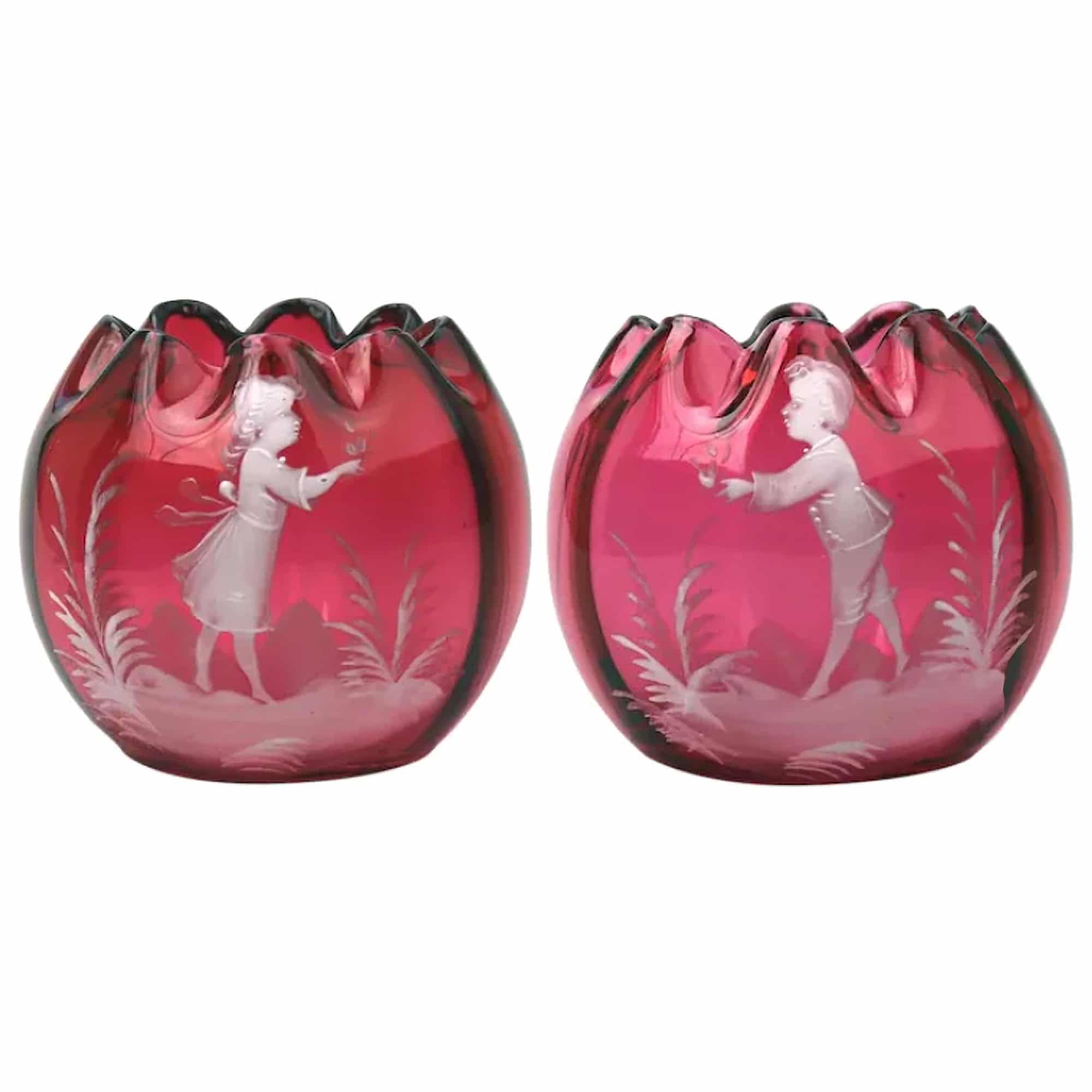 A good pair of antique cranberry glass Mary Gregory type hand-enamelled Vases C.1900