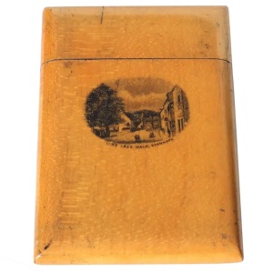 An antique Victorian sycamore Mauchline Ware Card Case Lime Tree Walk Stanhope C.19thC