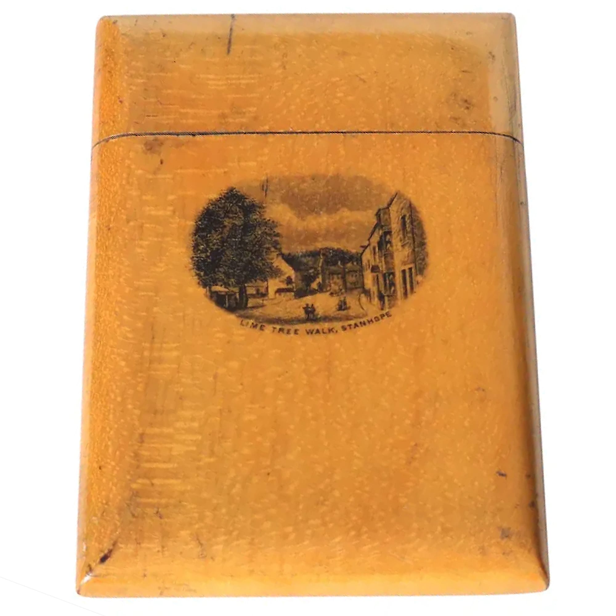 An antique Victorian sycamore Mauchline Ware Card Case Lime Tree Walk Stanhope C.19thC