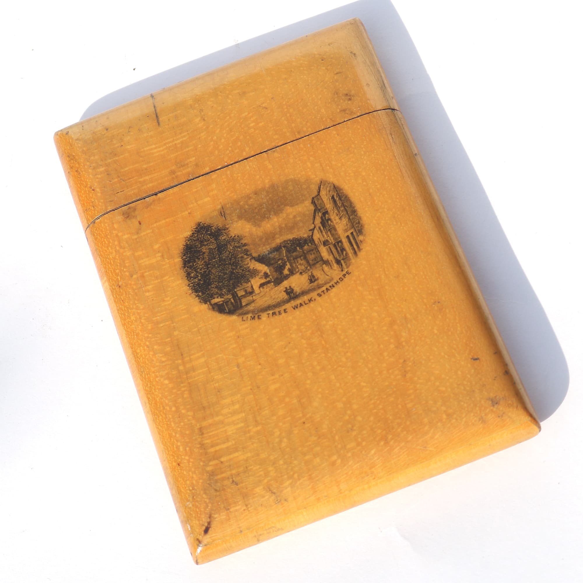 An antique Victorian sycamore Mauchline Ware Card Case Lime Tree Walk Stanhope C.19thC