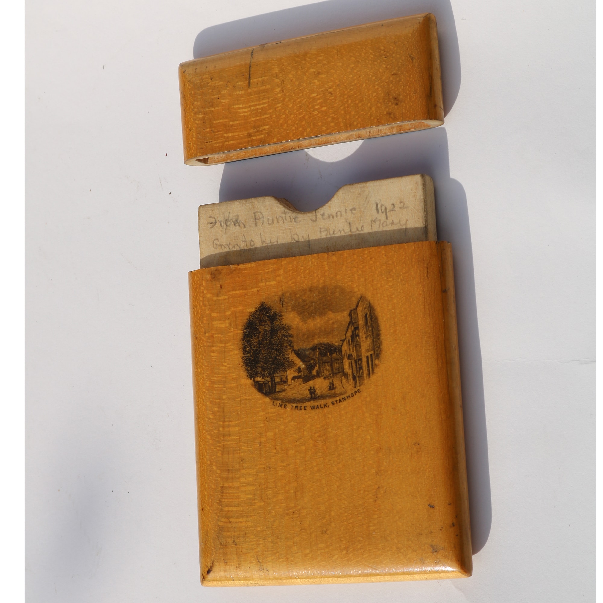 An antique Victorian sycamore Mauchline Ware Card Case Lime Tree Walk Stanhope C.19thC