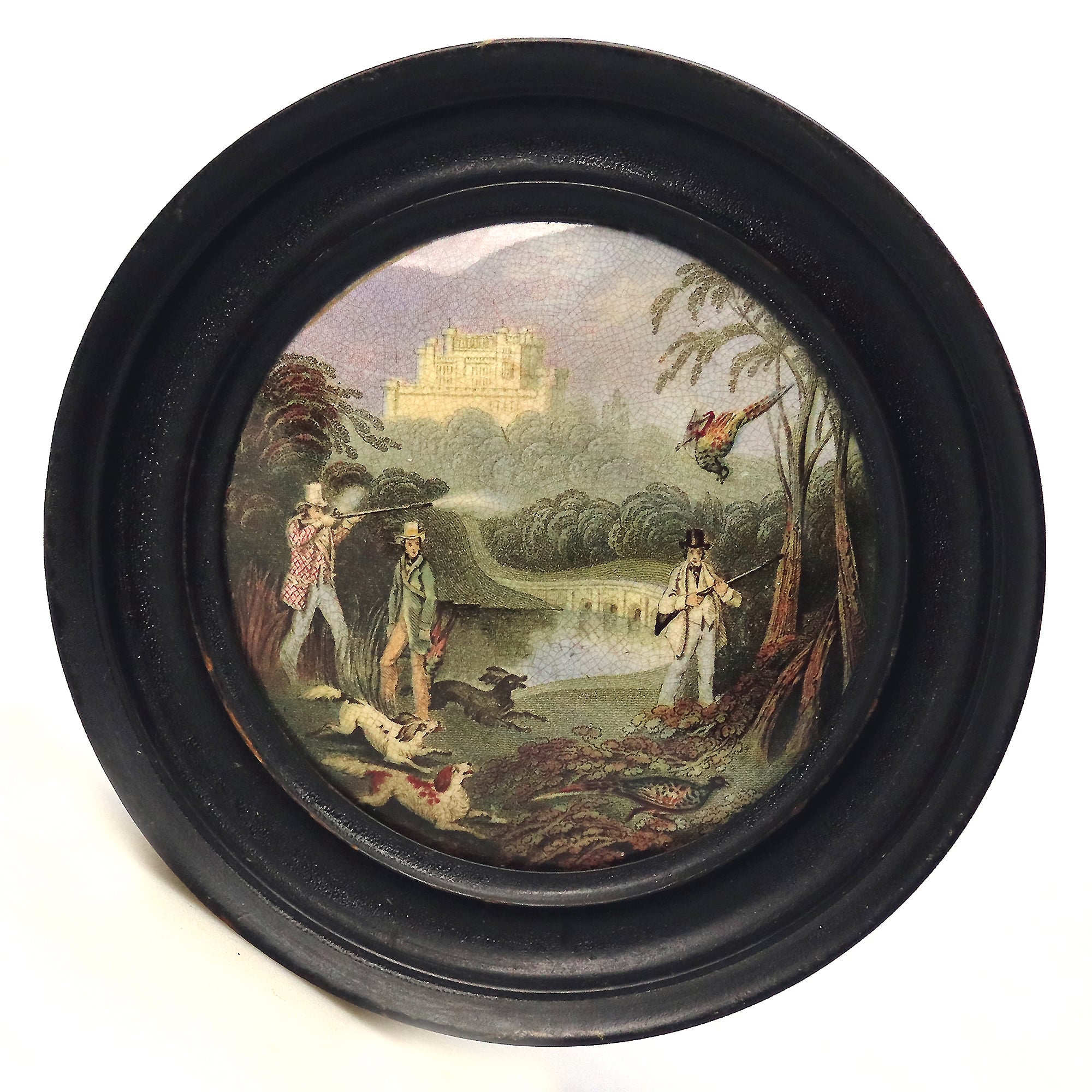 A scarce antique English framed pottery Pot Lid Pheasant Shooting D C.19thC