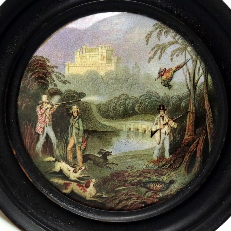 A scarce antique English framed pottery Pot Lid Pheasant Shooting D C.19thC