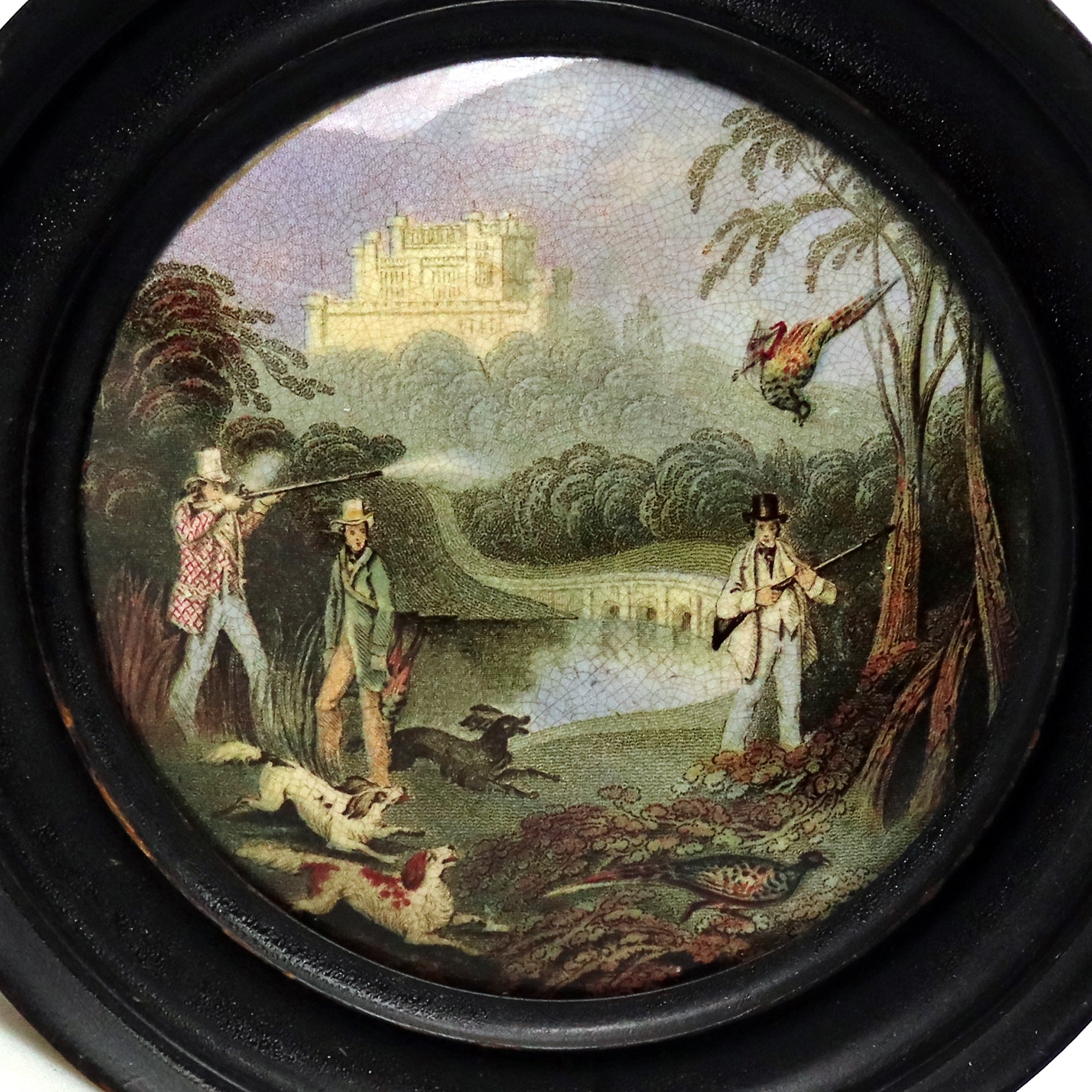 A scarce antique English framed pottery Pot Lid Pheasant Shooting D C.19thC