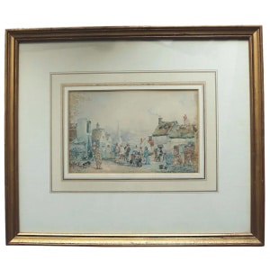 A charming antique Victorian Watercolour of Puppet Theatre at Town Square C.19thC