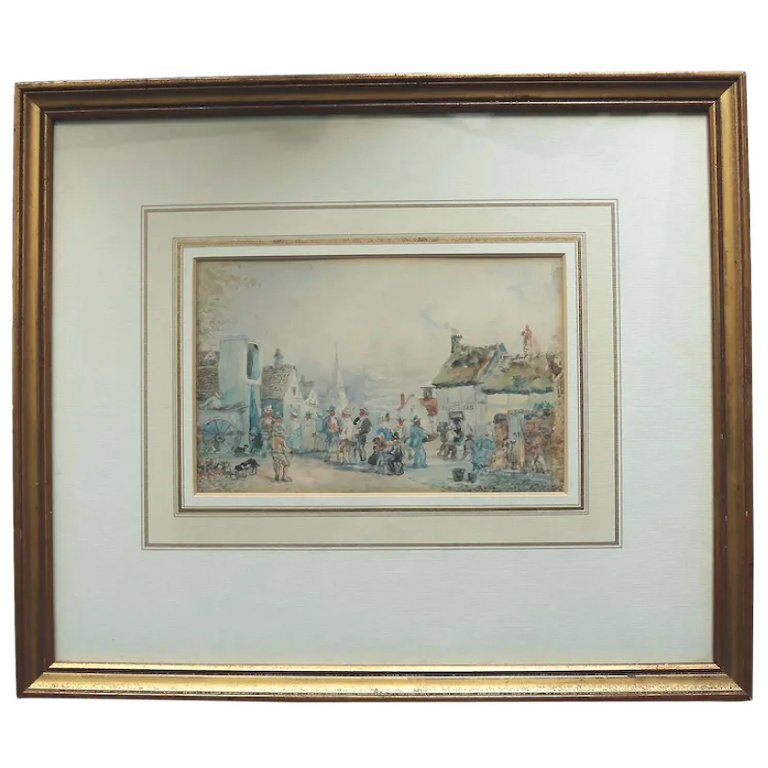A charming antique Victorian Watercolour of Puppet Theatre at Town Square C.19thC