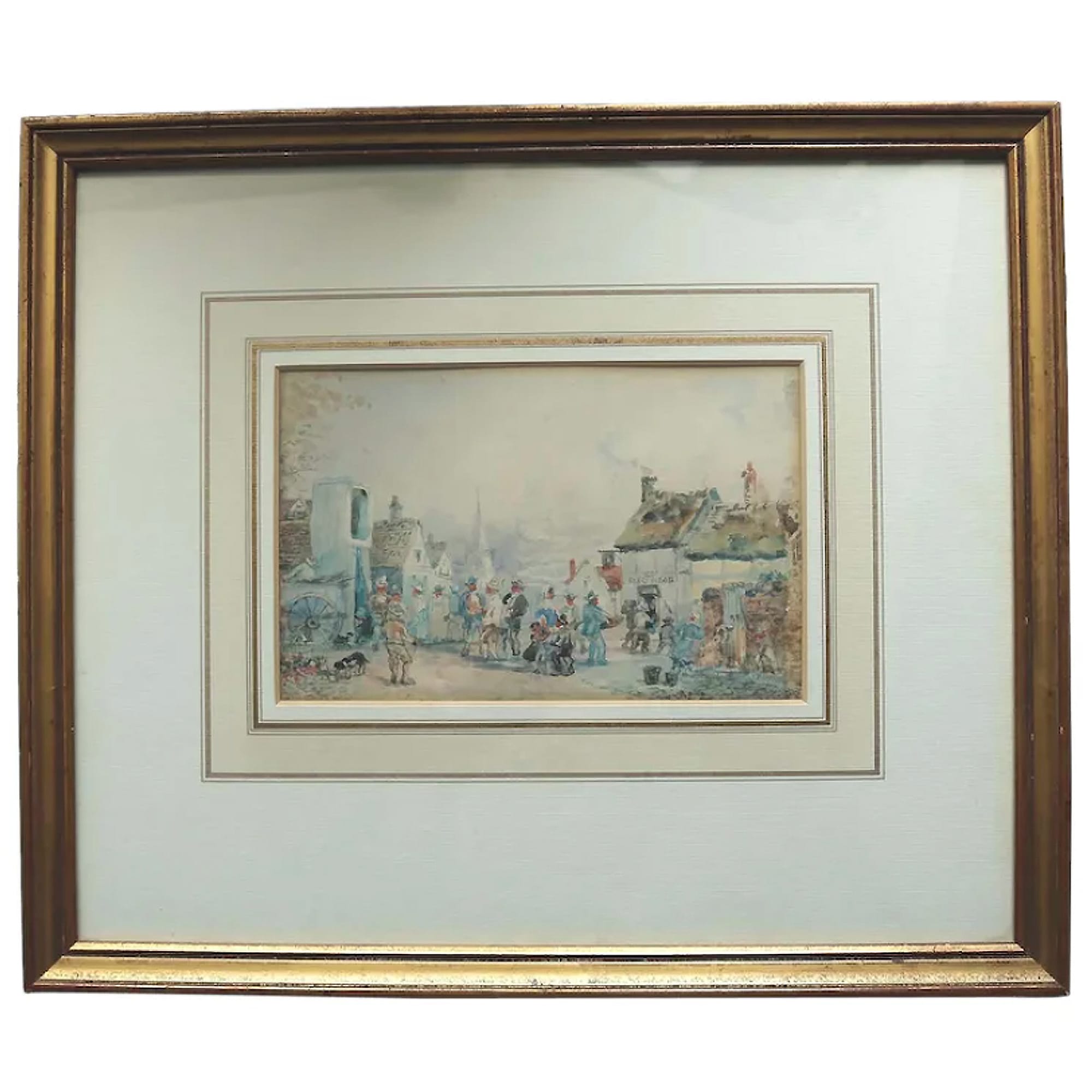 A charming antique Victorian Watercolour of Puppet Theatre at Town Square C.19thC