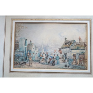 A charming antique Victorian Watercolour of Puppet Theatre at Town Square C.19thC