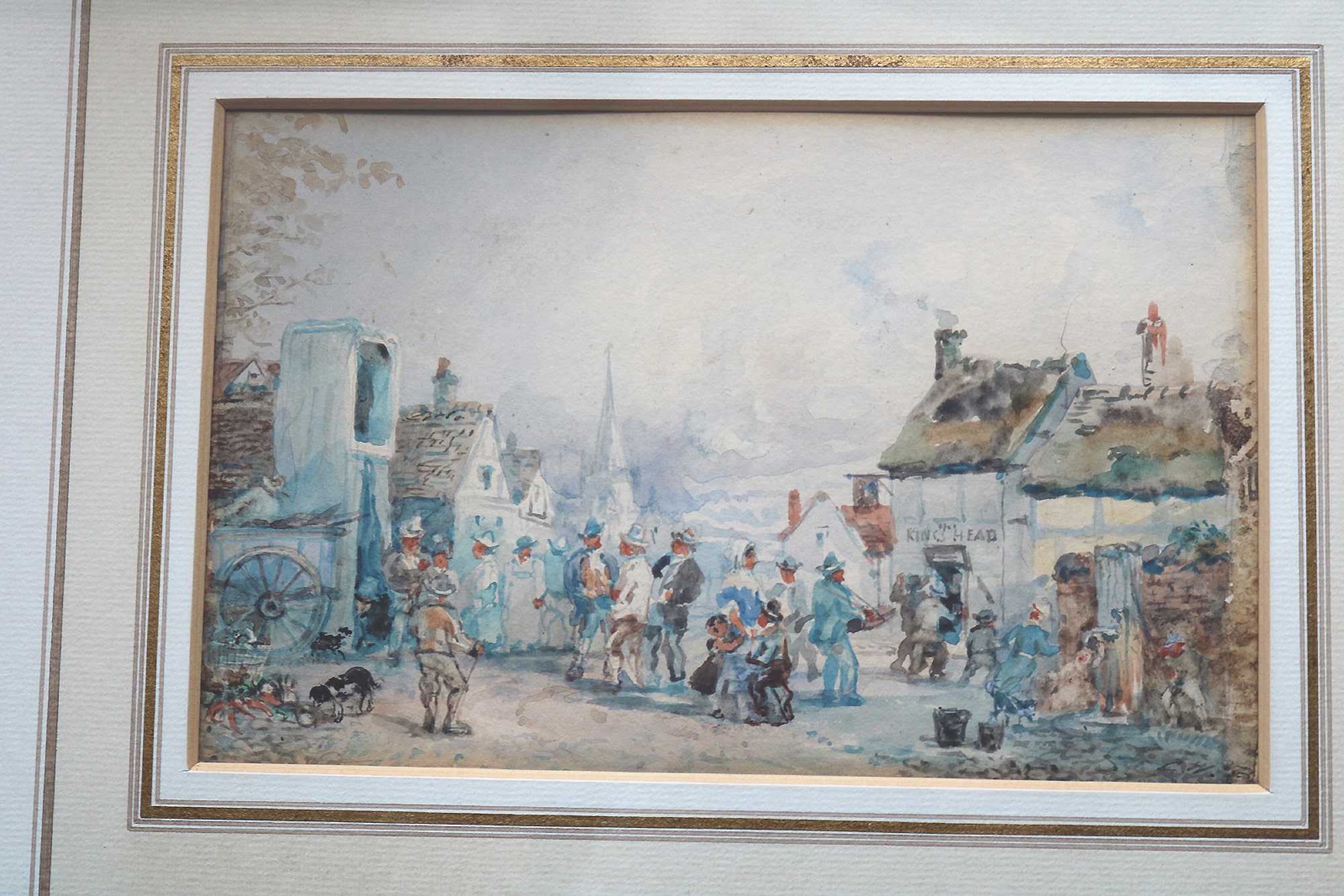 A charming antique Victorian Watercolour of Puppet Theatre at Town Square C.19thC