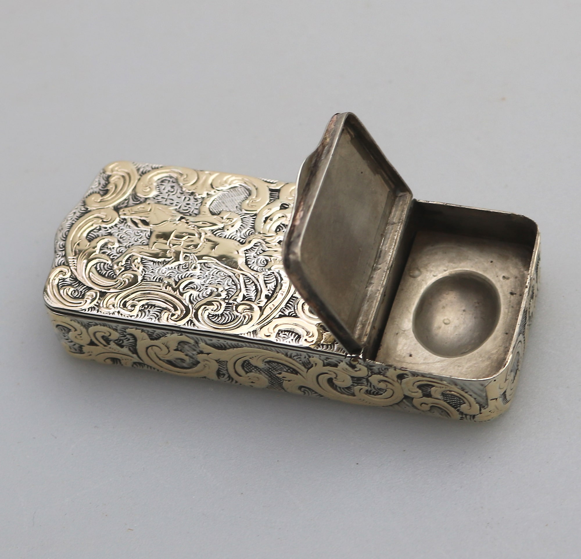 A fine antique double opening novelty solid silver parcel gilt Snuff Box C.19thC