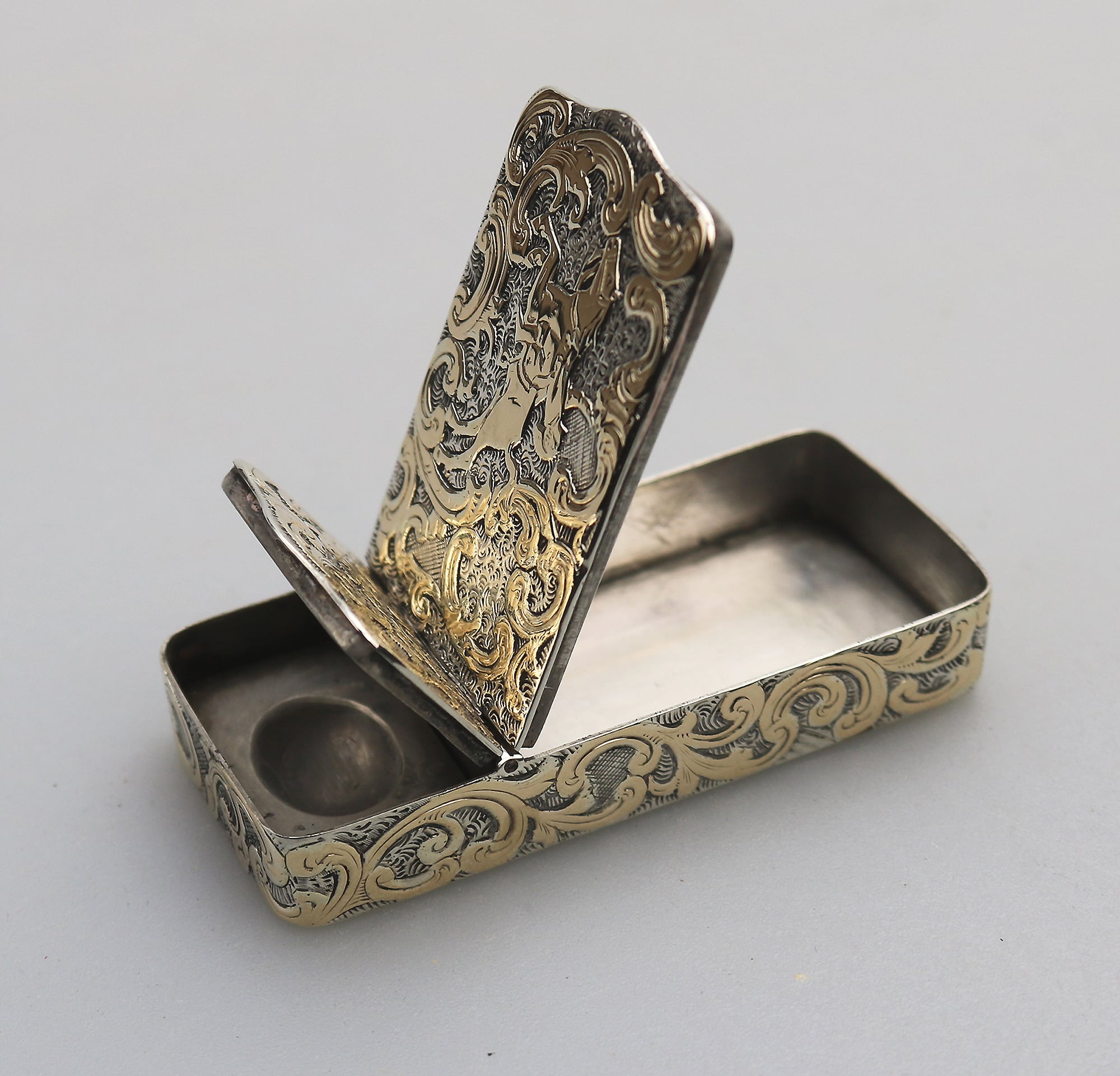 A fine antique double opening novelty solid silver parcel gilt Snuff Box C.19thC