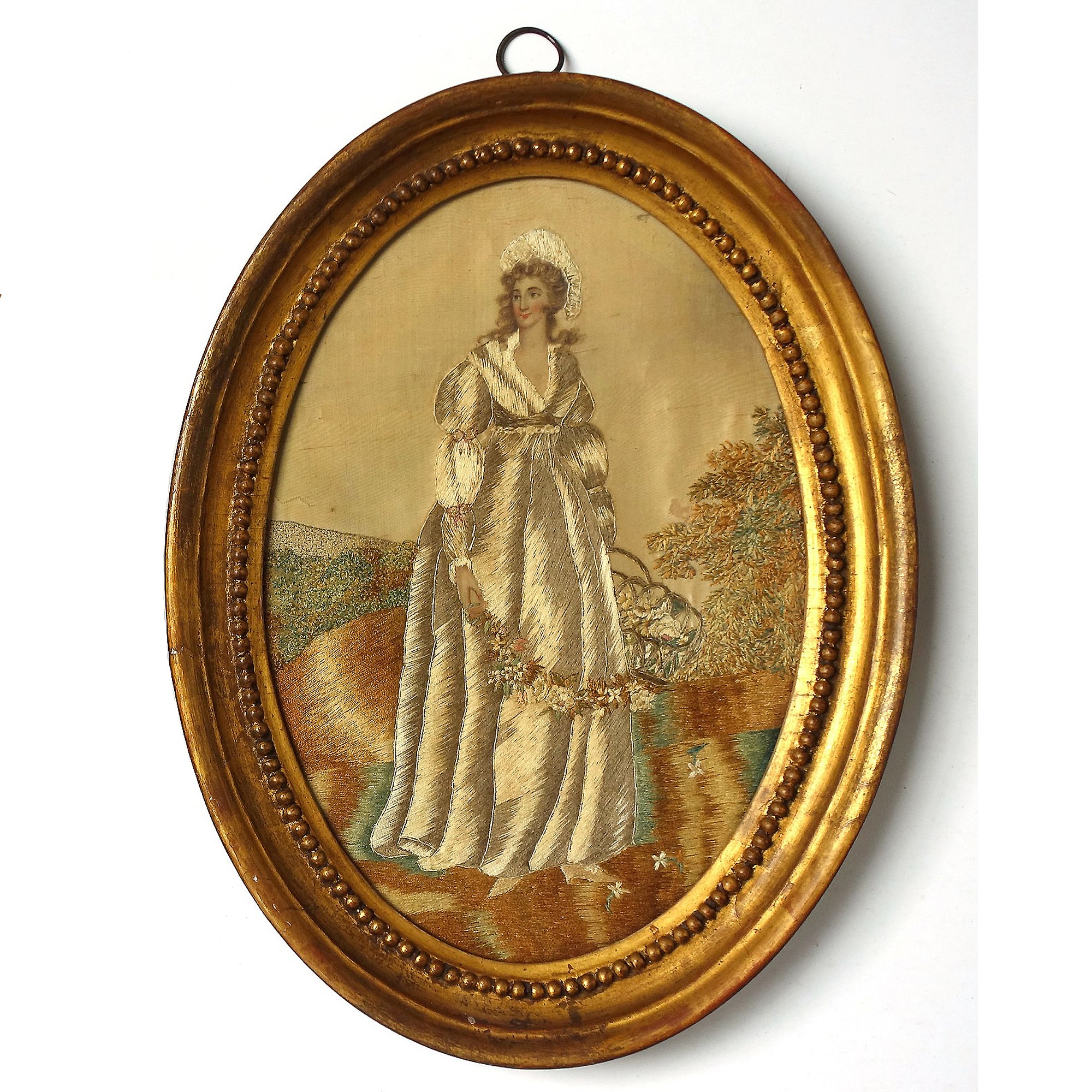 A charming antique Georgian silk embroidered & watercolour rural Picture C.1800