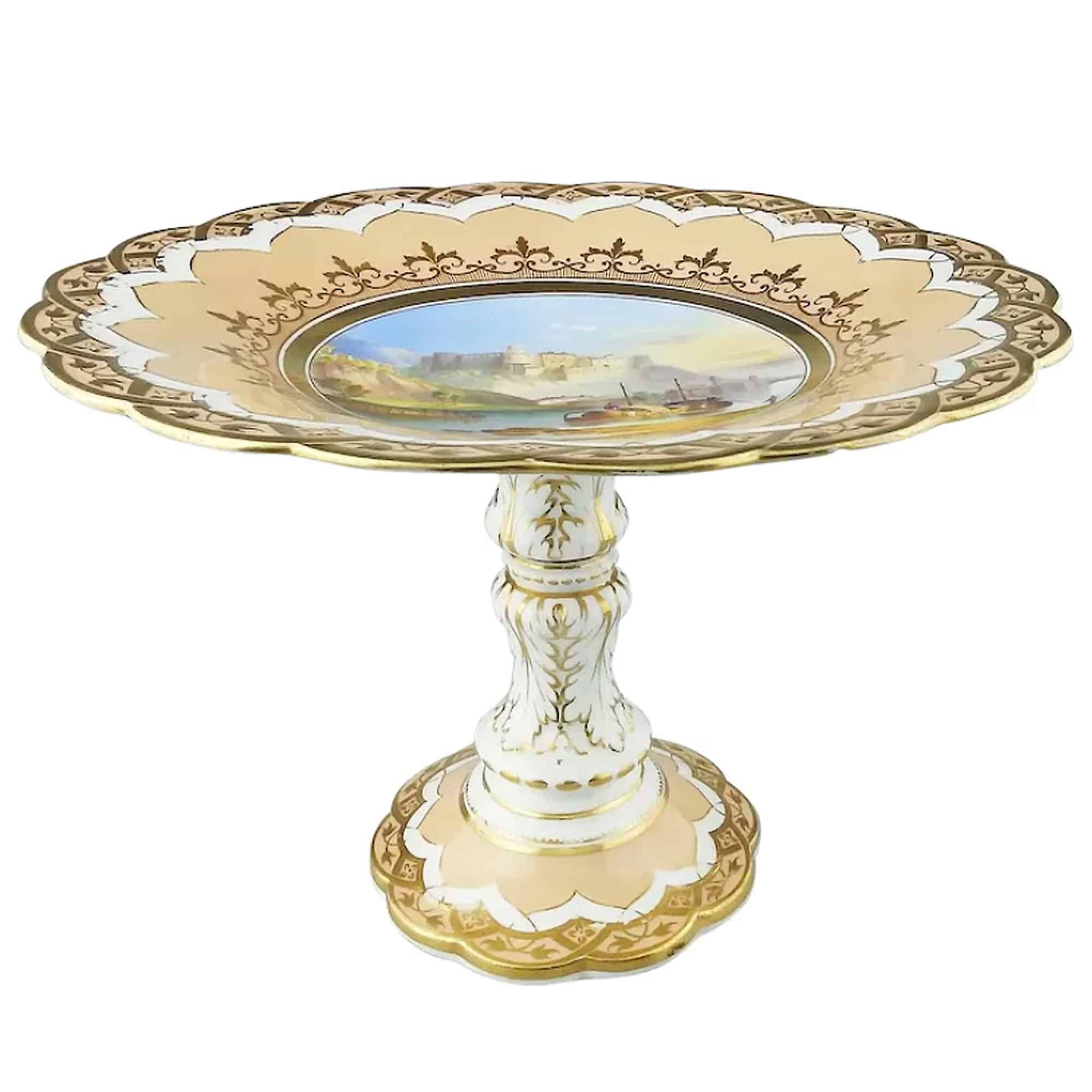 Fine antique English Porcelain Comport hand-painted Italian Coastal Scene C.19thC