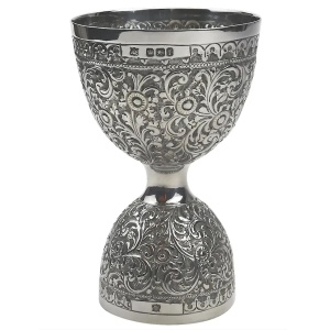 An unusual antique novelty English solid silver double Wager Cup Measure C.1898