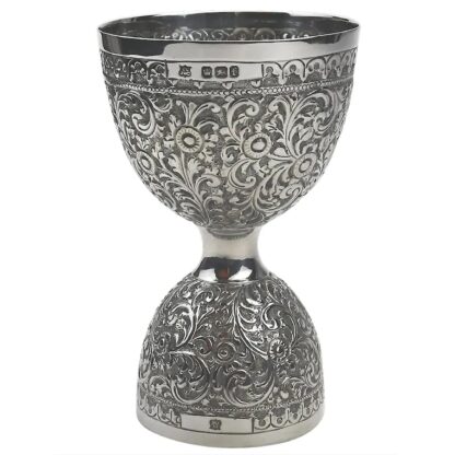 An unusual antique novelty English solid silver double Wager Cup Measure C.1898