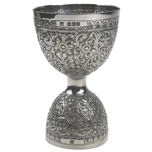 An unusual antique novelty English solid silver double Wager Cup Measure C.1898