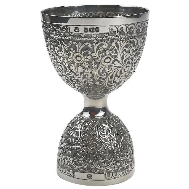 An unusual antique novelty English solid silver double Wager Cup Measure C.1898