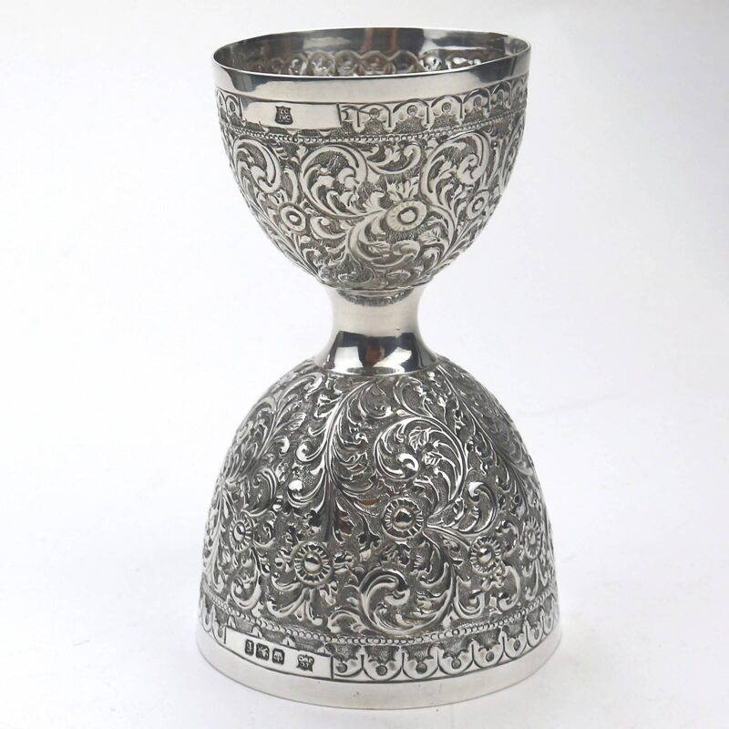 An unusual antique novelty English solid silver double Wager Cup Measure C.1898