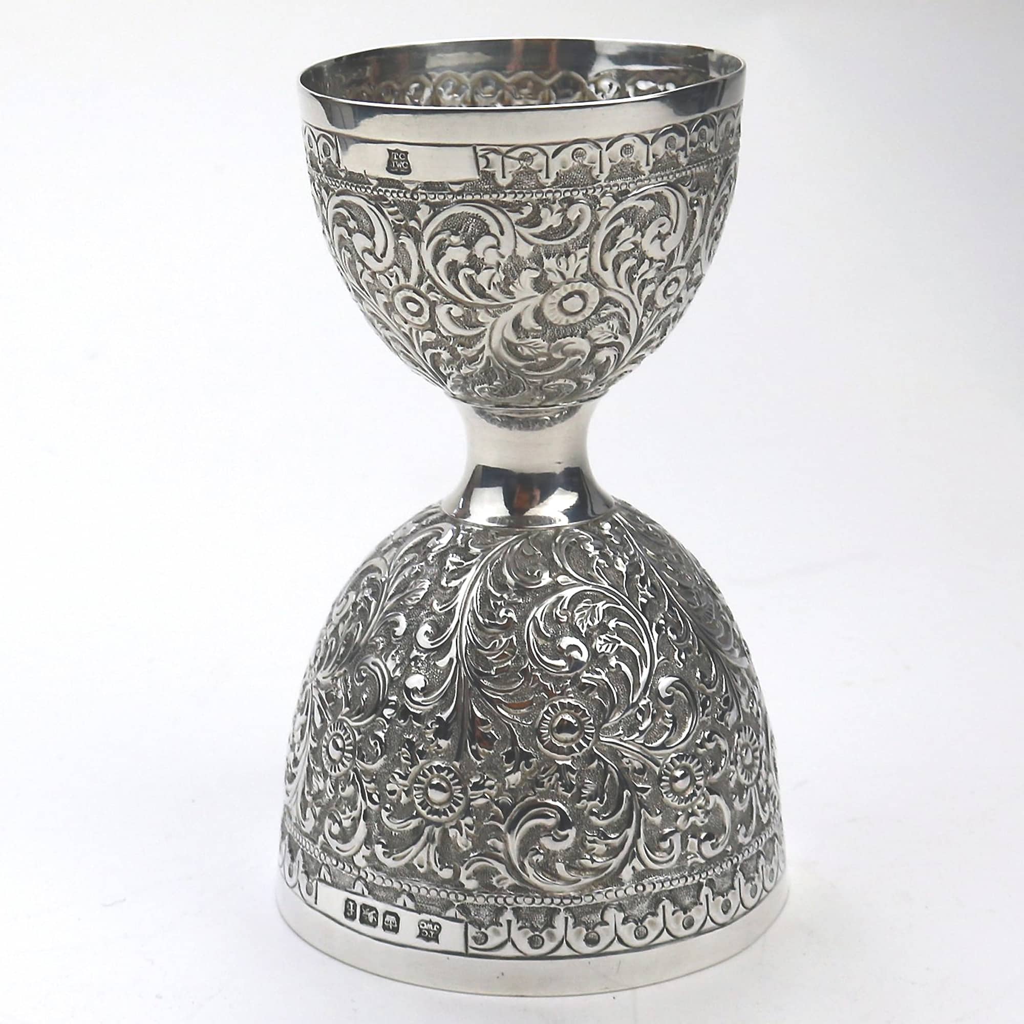 An unusual antique novelty English solid silver double Wager Cup Measure C.1898