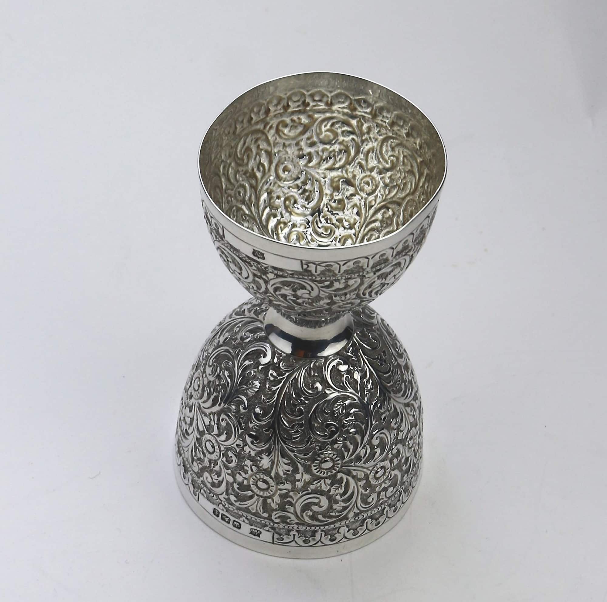 An unusual antique novelty English solid silver double Wager Cup Measure C.1898