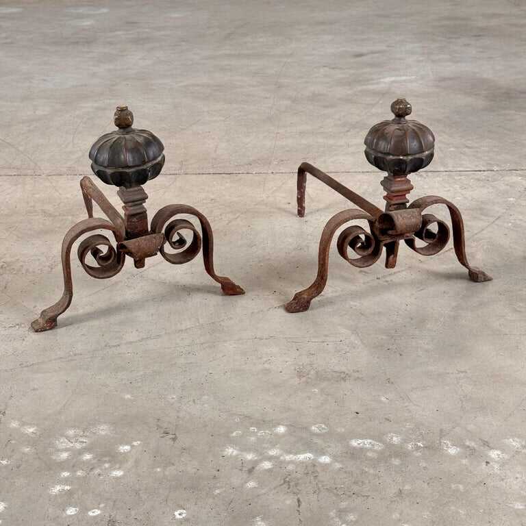 18th Century Italian Wrought Iron Andirons with Hand-Carved Bronze Finials