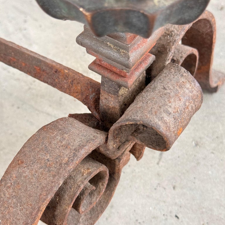 18th Century Italian Wrought Iron Andirons with Hand-Carved Bronze Finials