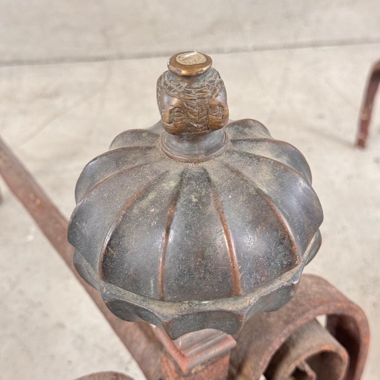 18th Century Italian Wrought Iron Andirons with Hand-Carved Bronze Finials