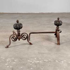 18th Century Italian Wrought Iron Andirons with Hand-Carved Bronze Finials