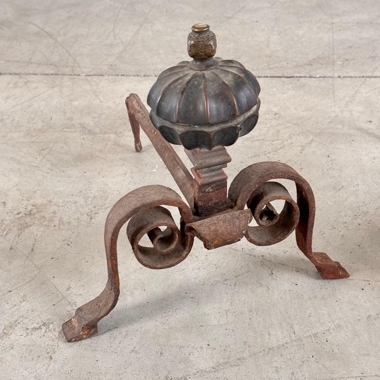18th Century Italian Wrought Iron Andirons with Hand-Carved Bronze Finials