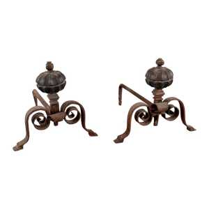 18th Century Italian Wrought Iron Andirons with Hand-Carved Bronze Finials