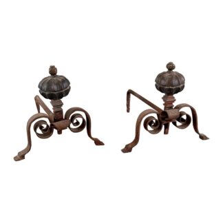 18th Century Italian Wrought Iron Andirons with Hand-Carved Bronze Finials