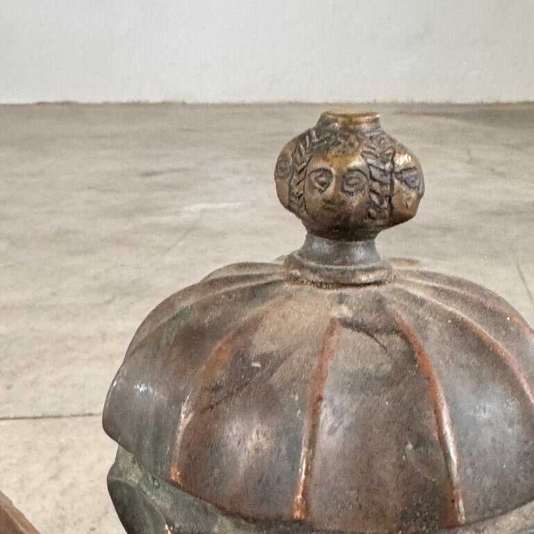 18th Century Italian Wrought Iron Andirons with Hand-Carved Bronze Finials