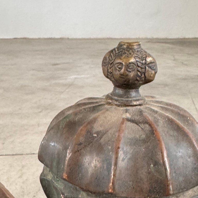 18th Century Italian Wrought Iron Andirons with Hand-Carved Bronze Finials