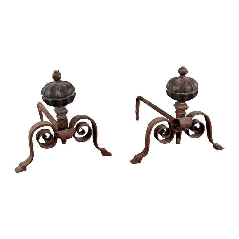 18th Century Italian Wrought Iron Andirons with Hand-Carved Bronze Finials