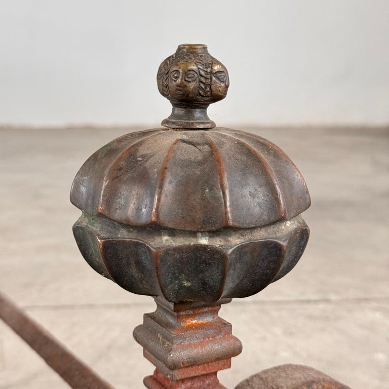 18th Century Italian Wrought Iron Andirons with Hand-Carved Bronze Finials