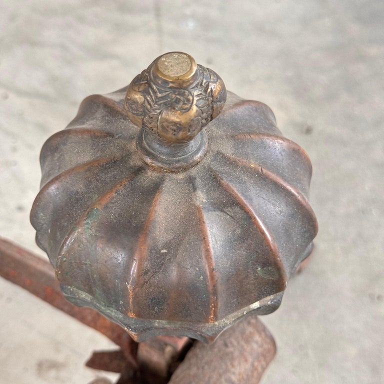 18th Century Italian Wrought Iron Andirons with Hand-Carved Bronze Finials