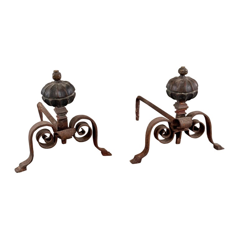 18th Century Italian Wrought Iron Andirons with Hand-Carved Bronze Finials