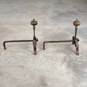 18th Century Wrought Iron Andirons with Fluted Design and Bronze Finials, Italy