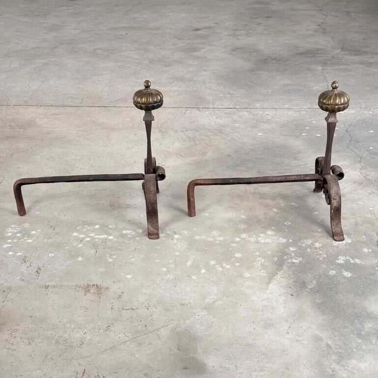 18th Century Wrought Iron Andirons with Fluted Design and Bronze Finials, Italy
