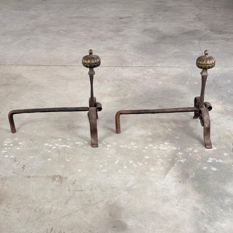 18th Century Wrought Iron Andirons with Fluted Design and Bronze Finials, Italy