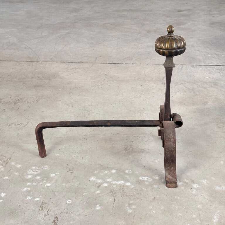 18th Century Wrought Iron Andirons with Fluted Design and Bronze Finials, Italy