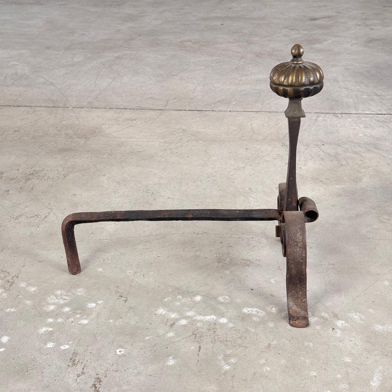 18th Century Wrought Iron Andirons with Fluted Design and Bronze Finials, Italy